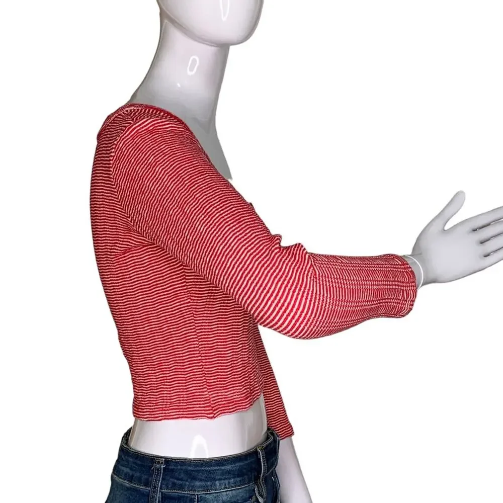 Zara Trafaluc Fine Knit Crop Top Long Sleeve Scoop Neck Red/White Size M